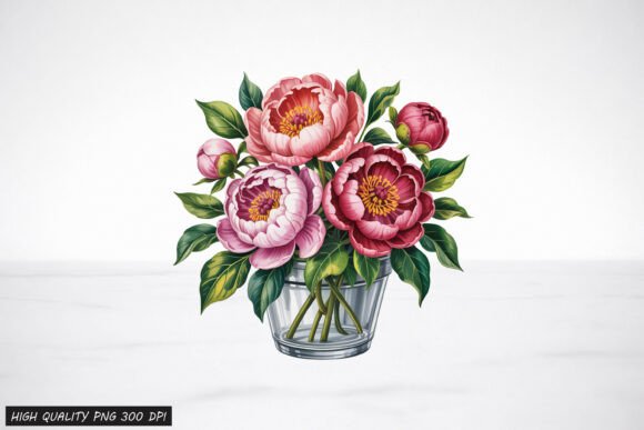 Pink Peony Flowers in Glass Vase PNG